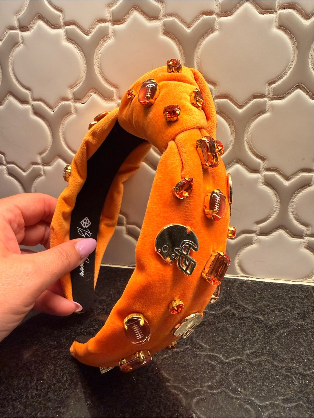 Brianna Cannon Embellished Orange Velvet Knot Headband with Football Accents